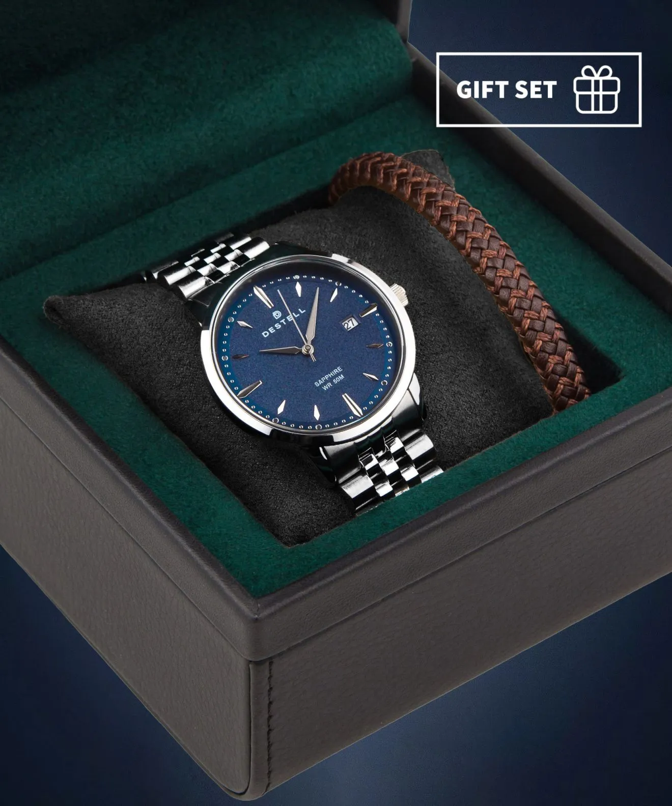 Годинник Чоловічий DESTELL Pictor Blue Silver Steel Sapphire Gift Set PT405-35-205J-9520-02