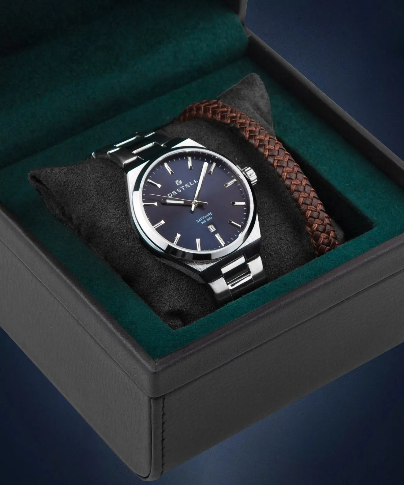 Годинник Чоловічий DESTELL Aries Navy Blue Silver Steel Sapphire Gift Set AR405-35-205S-9520-02
