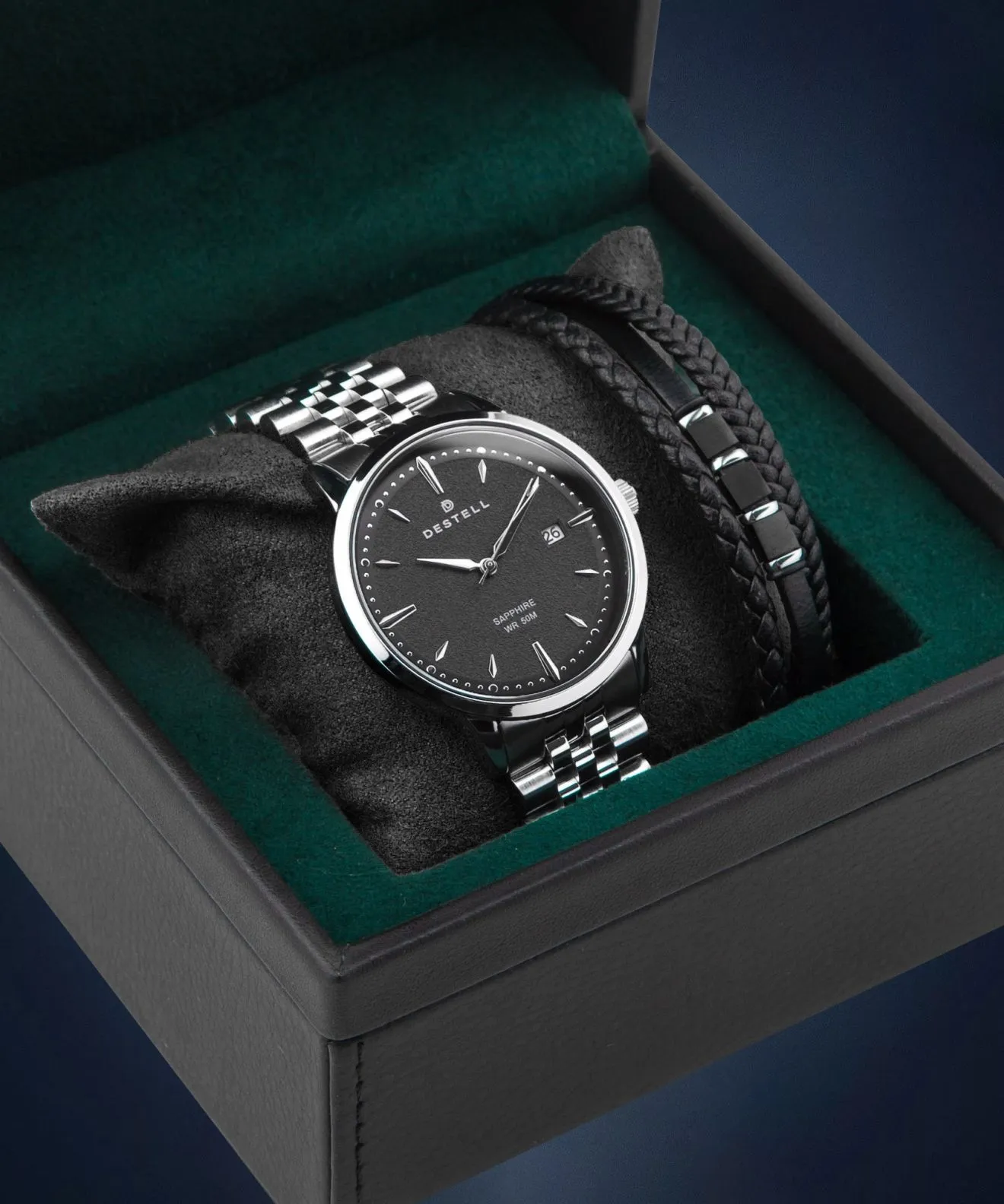 Годинник Чоловічий DESTELL Pictor Black Silver Steel Sapphire Gift Set PT405-15-205J-1520-03