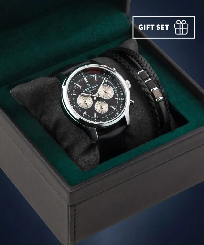 Годинник Чоловічий DESTELL Circinus Black Silver Leather Chronograph Sapphire Gift Set CR415-15-201L-1520-03