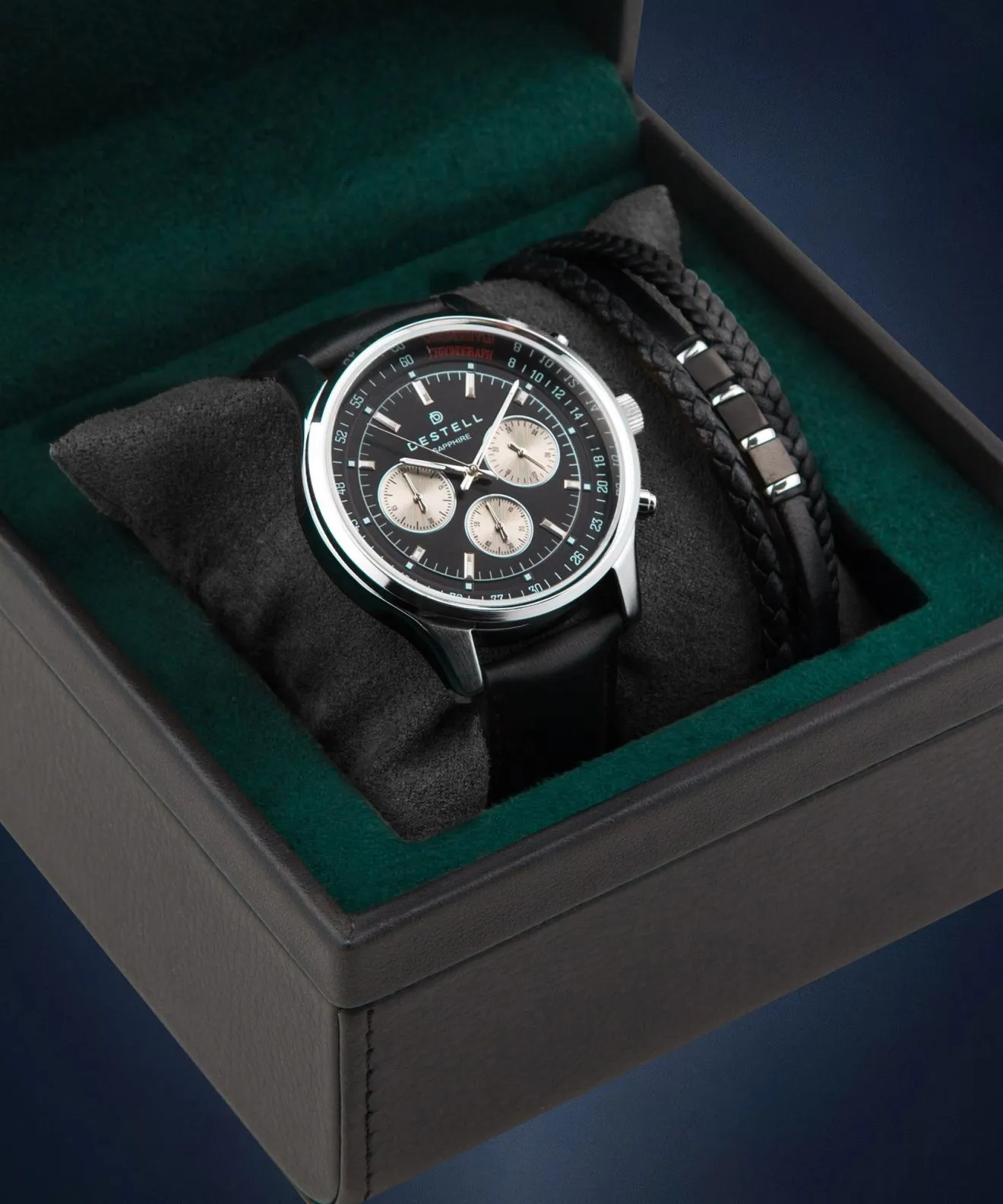 Годинник Чоловічий DESTELL Circinus Black Silver Leather Chronograph Sapphire Gift Set CR415-15-201L-1520-03
