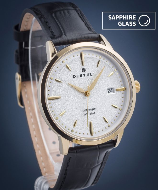 Годинник Чоловічий DESTELL Pictor Silver Gold Black Leather Sapphire PT404-55-201L
