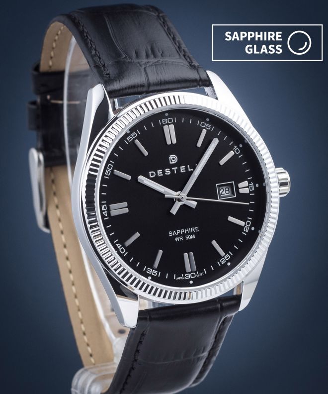 Годинник Чоловічий DESTELL Loup Black Silver Leather Sapphire LU3855-15-201L