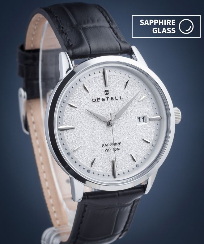 Годинник Чоловічий DESTELL Pictor Silver Black Leather Sapphire PT405-55-201L