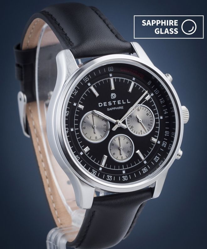 Годинник Чоловічий DESTELL Circinus Black Silver Leather Chronograph Sapphire CR415-15-201L