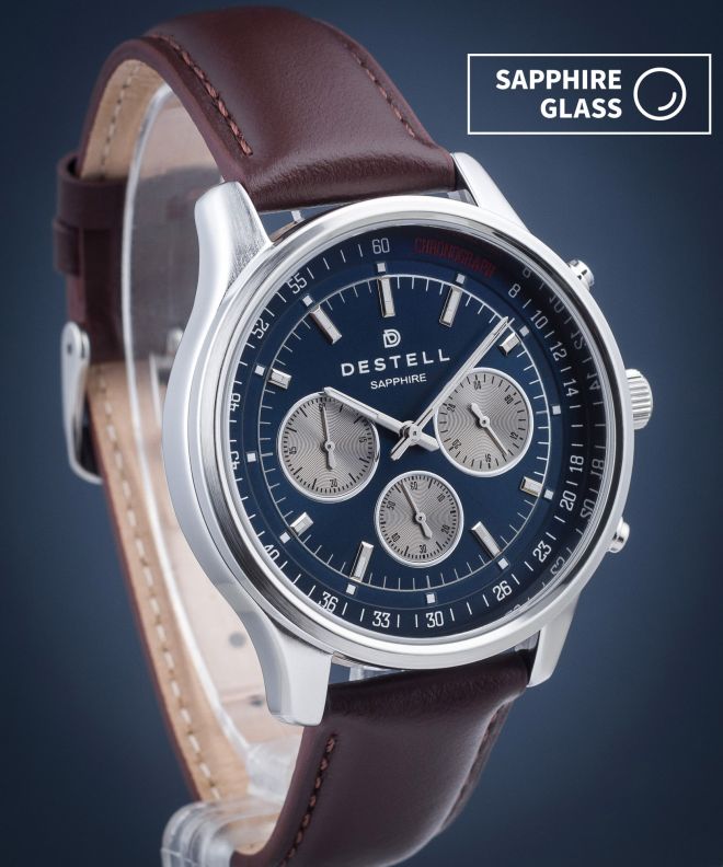 Годинник Чоловічий DESTELL Circinus Navy Blue Silver Brown Leather Chronograph Sapphire CR415-15-206L