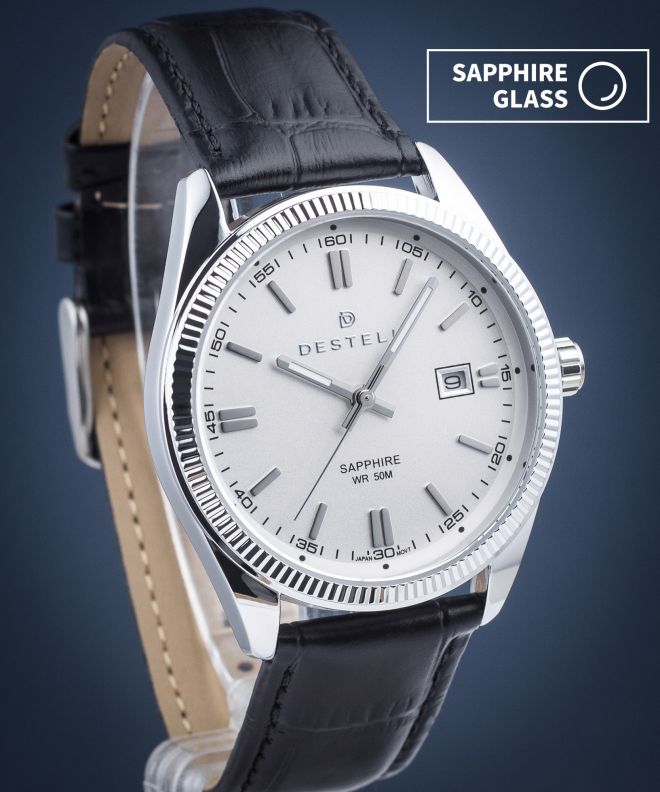 Годинник Чоловічий DESTELL Loup White Silver Black Leather Sapphire LU3855-25-201L