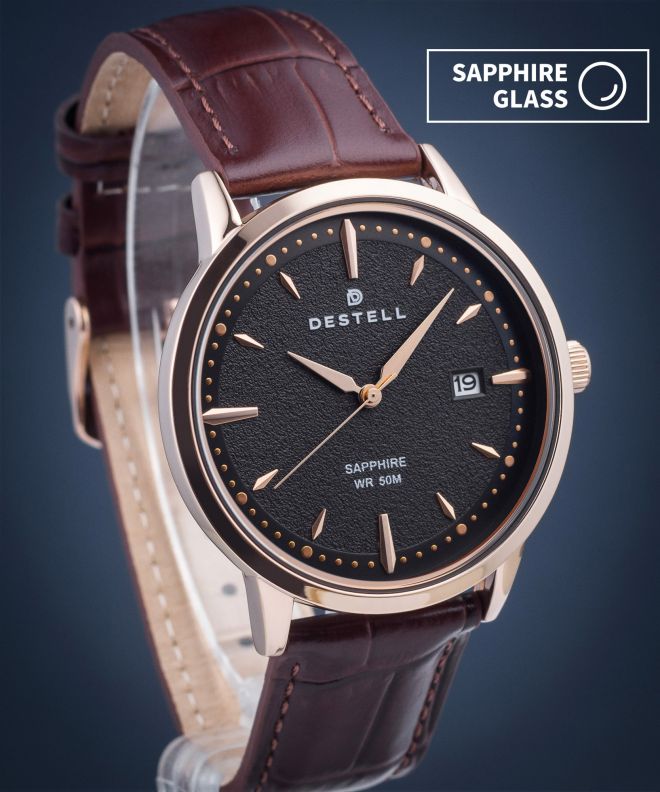 Годинник Чоловічий DESTELL Pictor Black Rose Gold Brown Leather Sapphire PT407-17-209L