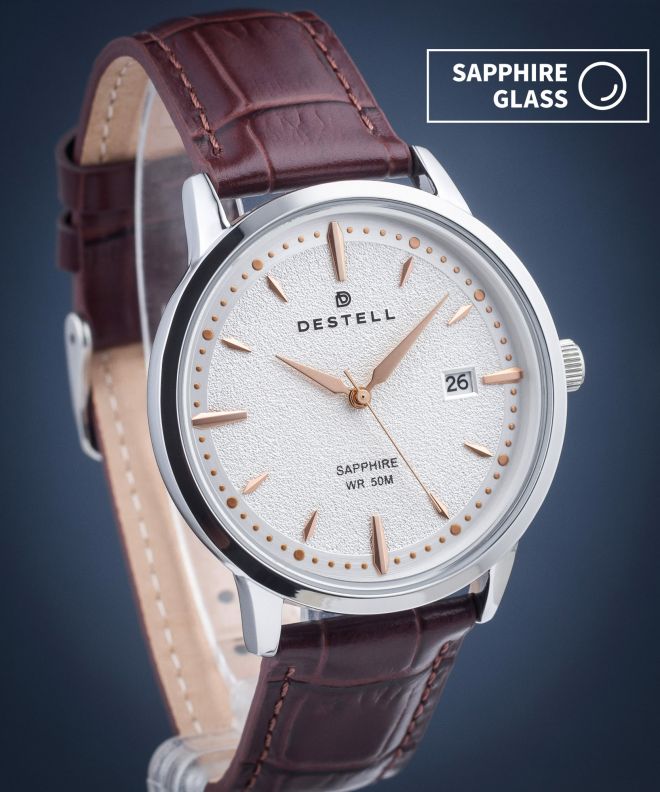 Годинник Чоловічий DESTELL Pictor Silver Brown Leather Sapphire PT405-57-209L