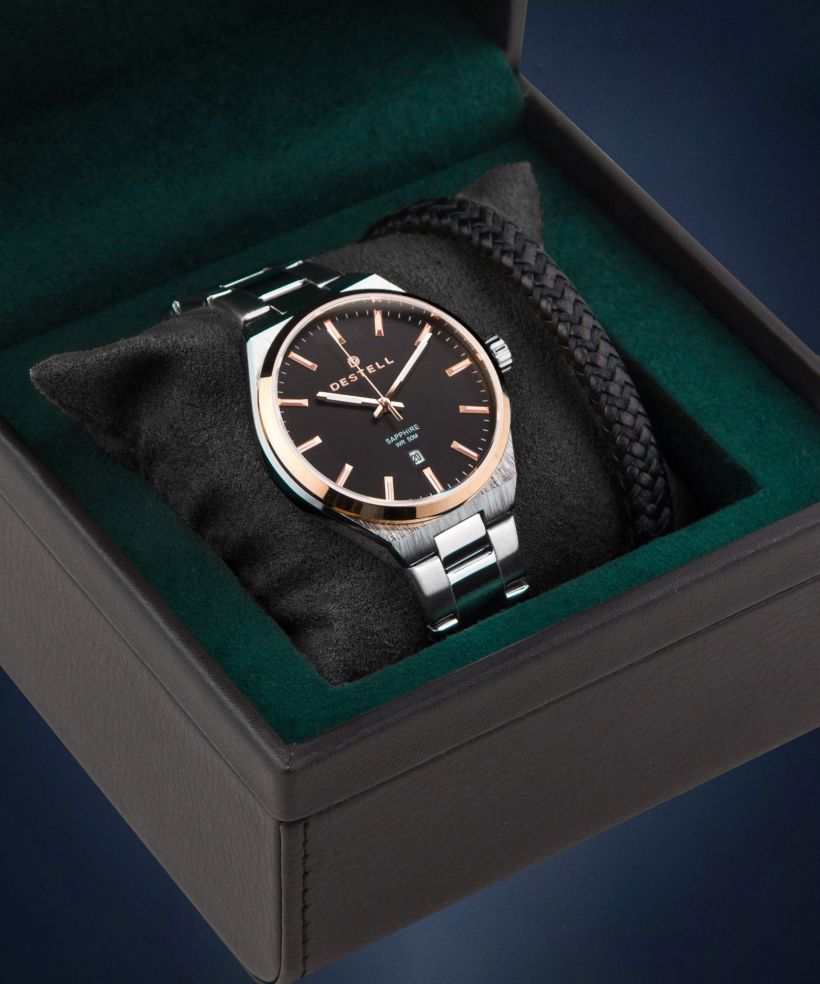 Годинник Чоловічий DESTELL Aries Black Silver Steel Sapphire Gift Set