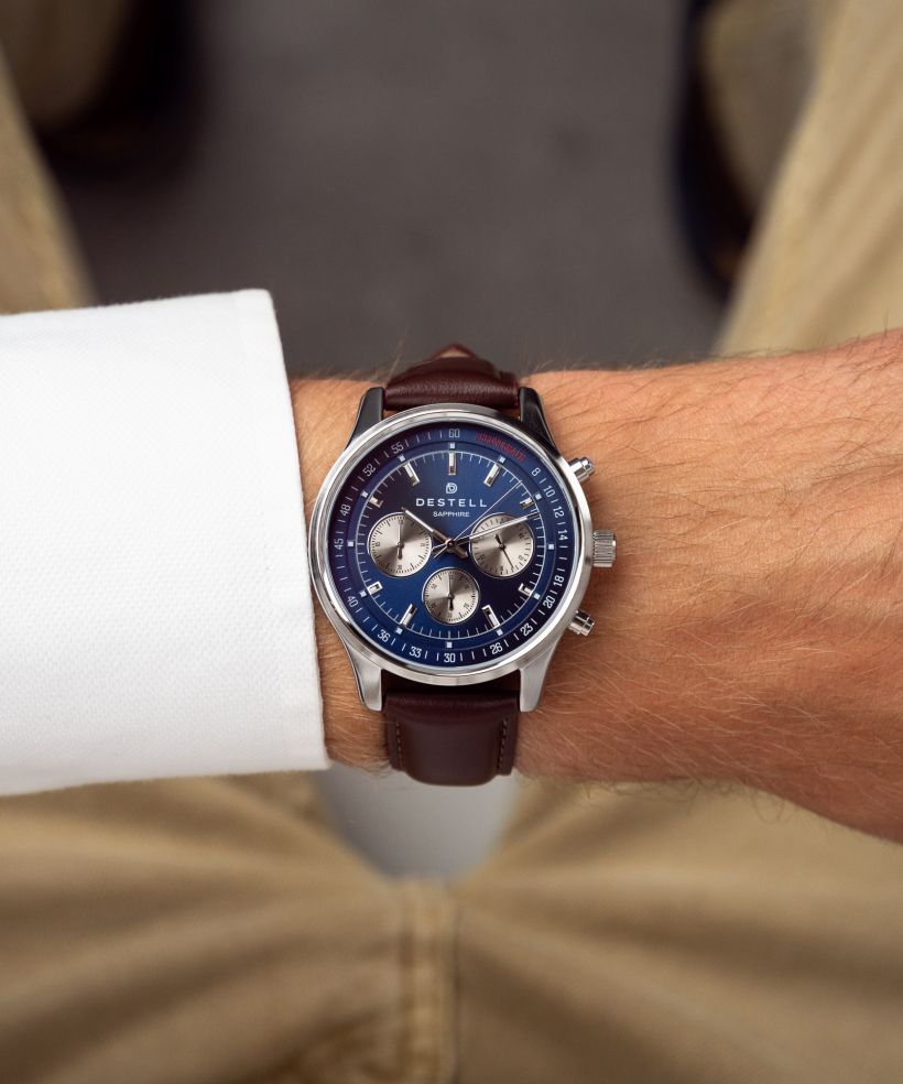 Годинник Чоловічий DESTELL Circinus Blue Silver Brown Leather Chronograph Sapphire