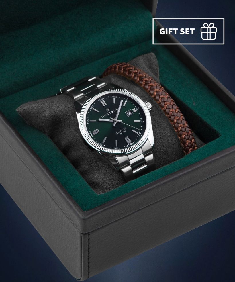 Годинник Чоловічий DESTELL Loup Green Silver Steel Sapphire Gift Set