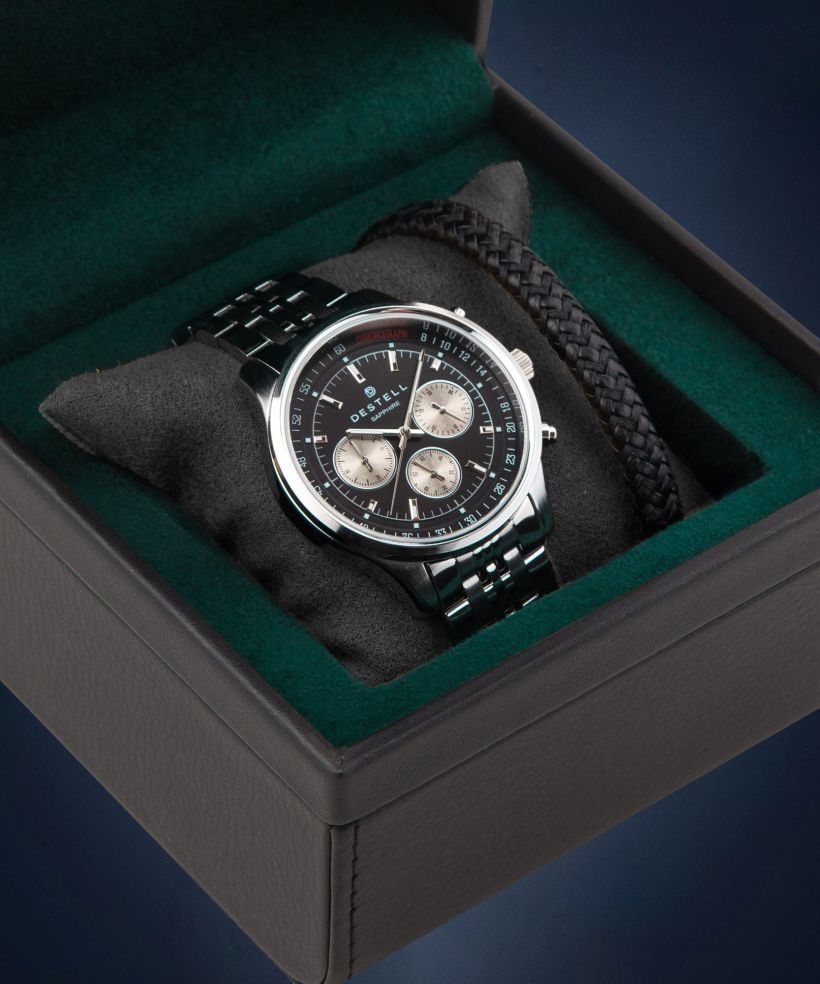 Годинник Чоловічий DESTELL Circinus Black Silver Steel Chrono Sapphire Gift Set