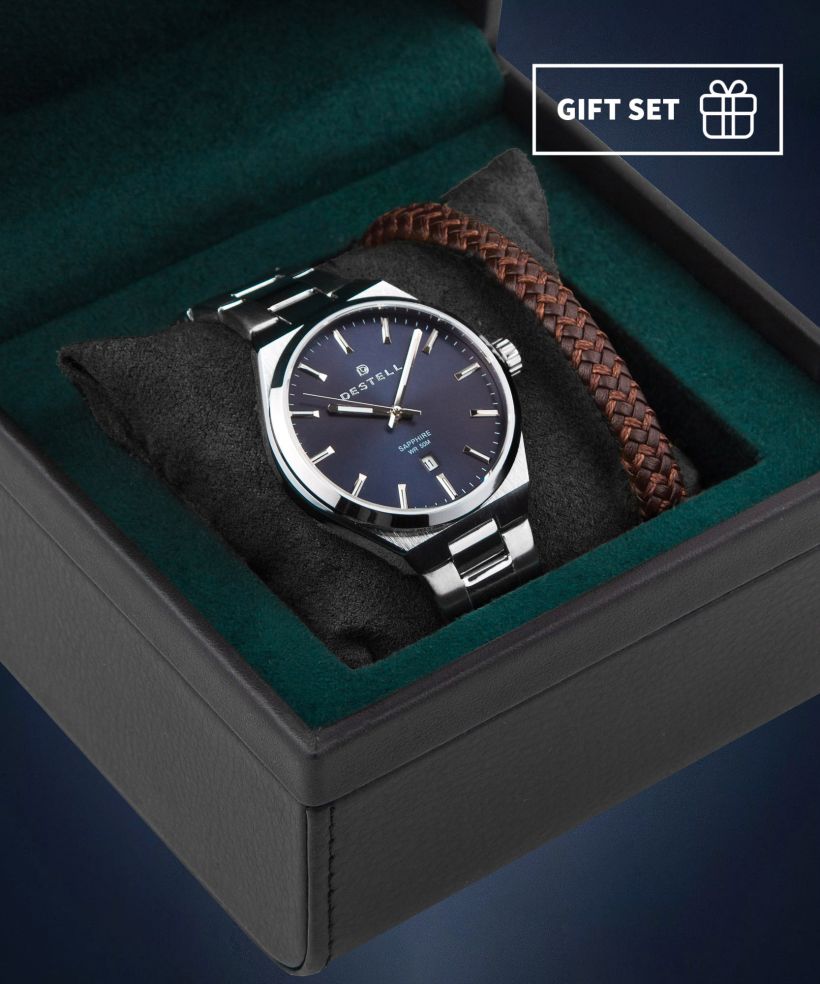 Годинник Чоловічий DESTELL Aries Navy Blue Silver Steel Sapphire Gift Set
