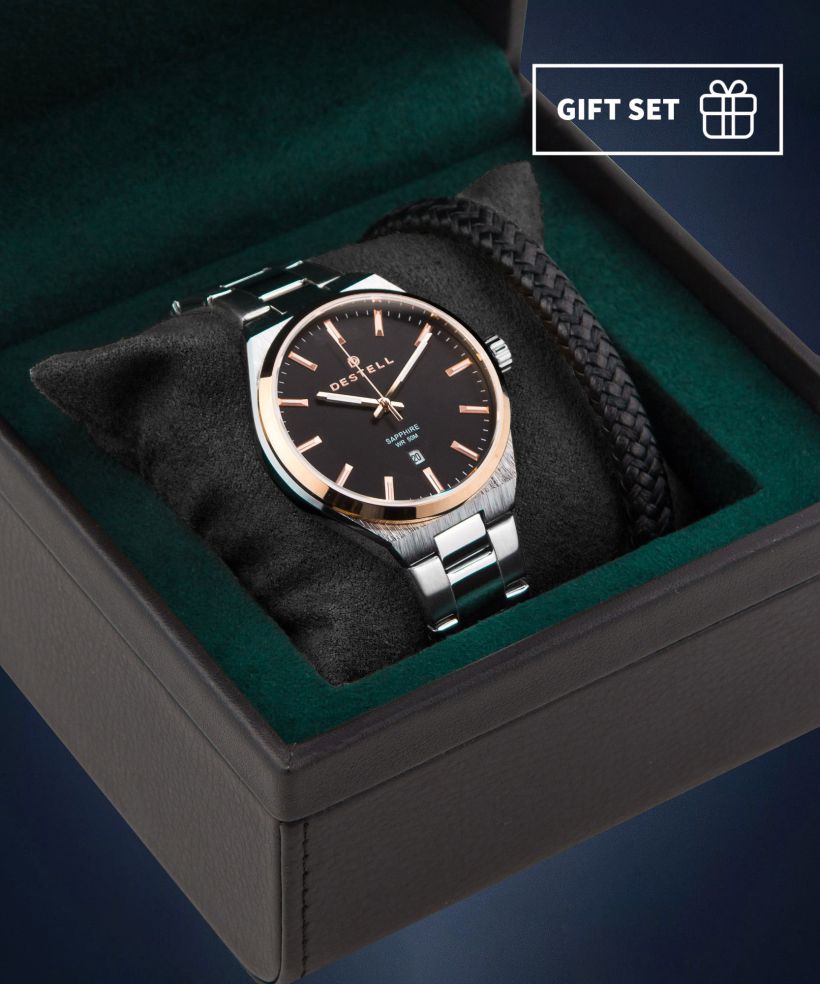 Годинник Чоловічий DESTELL Aries Black Silver Steel Sapphire Gift Set