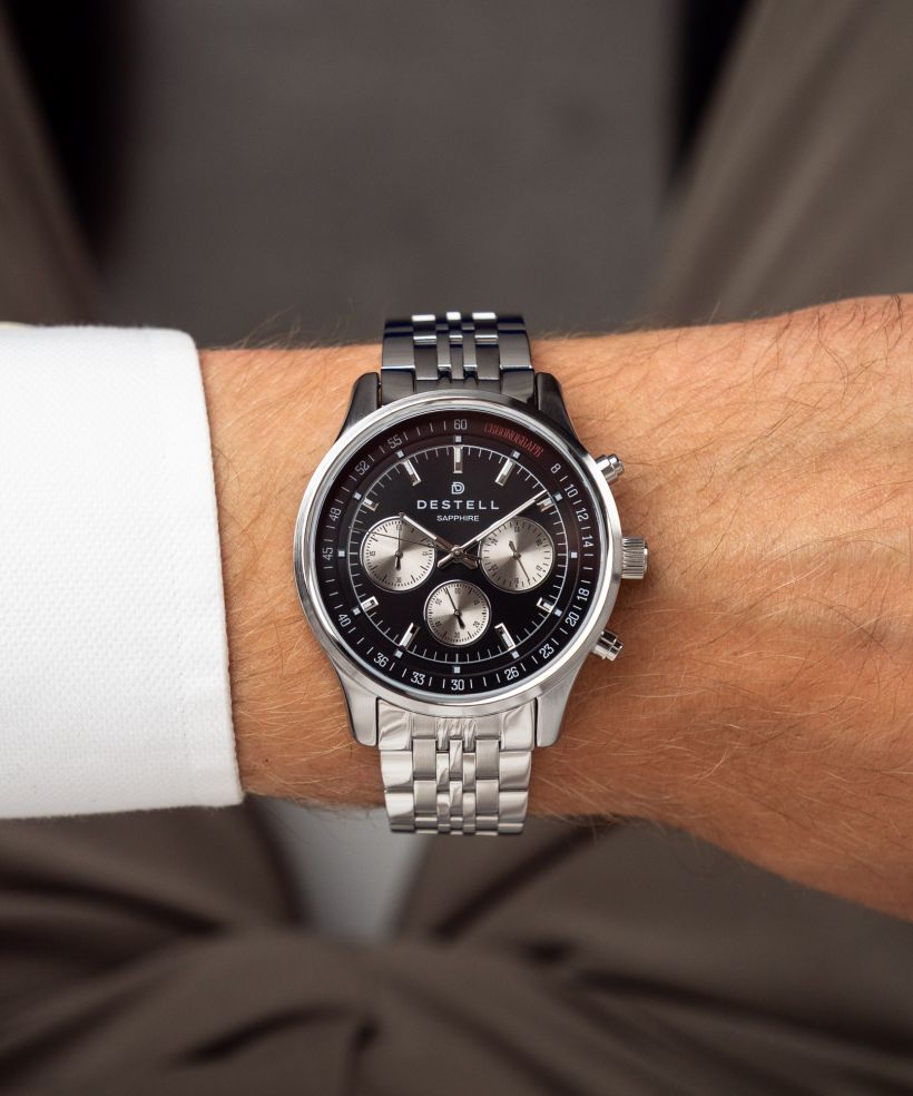 Годинник Чоловічий DESTELL Circinus Black Silver Steel Chrono Sapphire Gift Set