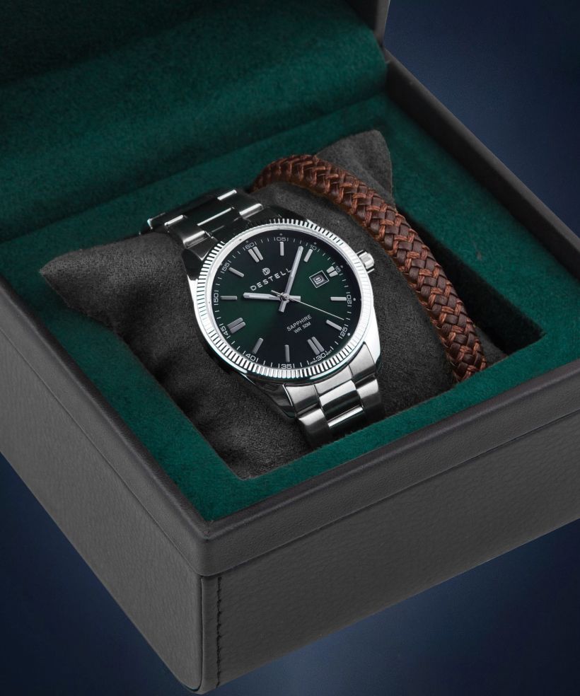 Годинник Чоловічий DESTELL Loup Green Silver Steel Sapphire Gift Set