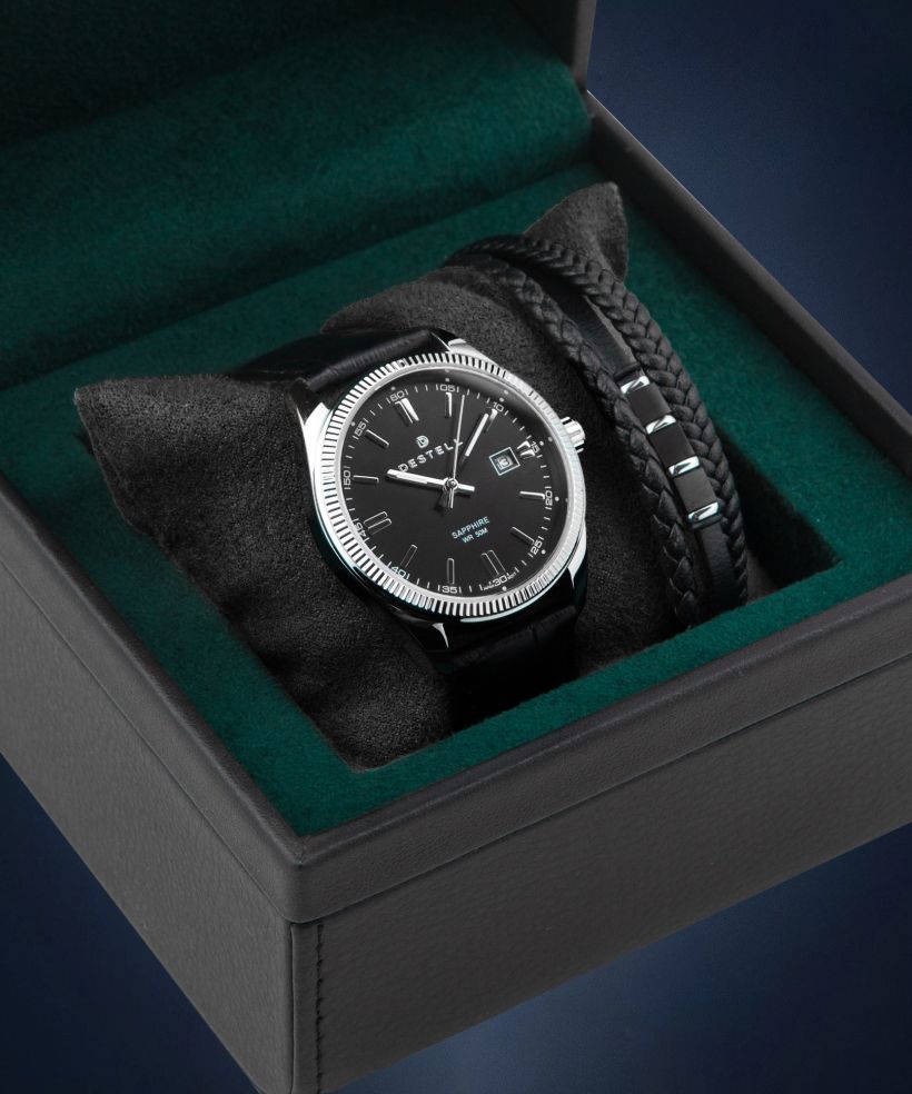 Годинник Чоловічий DESTELL Loup Black Silver Leather Sapphire Gift Set