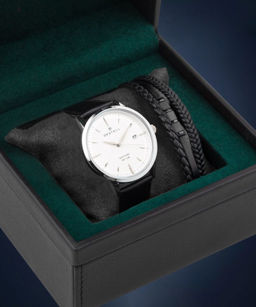 Годинник Чоловічий DESTELL Pictor Silver Black Leather Sapphire Gift Set