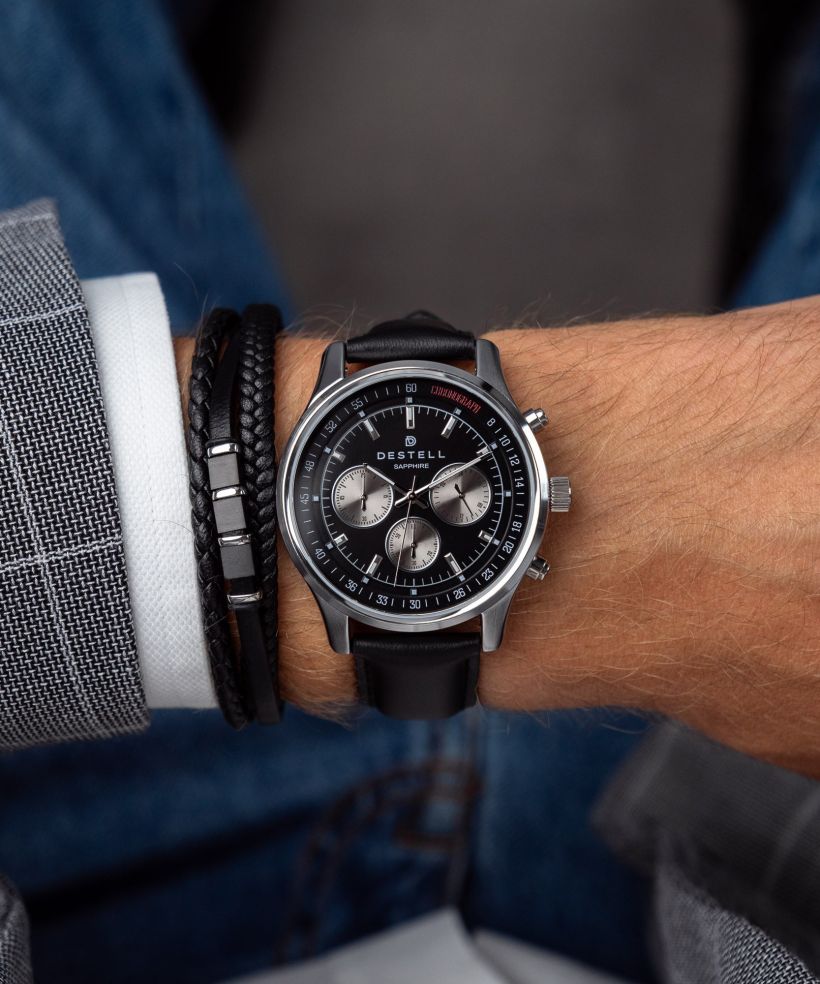 Годинник Чоловічий DESTELL Circinus Black Silver Leather Chronograph Sapphire Gift Set