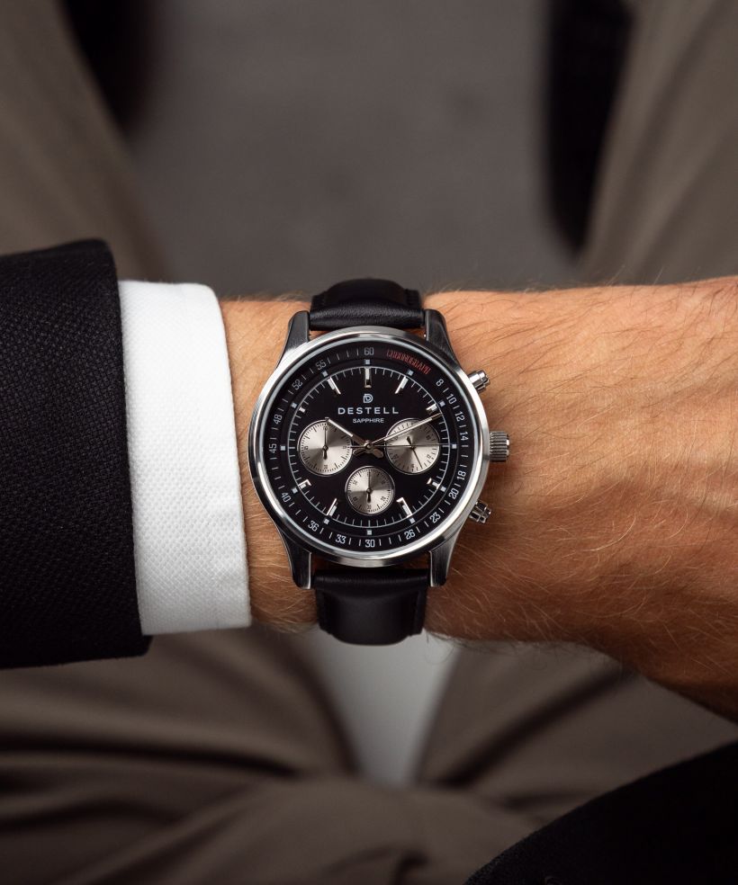 Годинник Чоловічий DESTELL Circinus Black Silver Leather Chronograph Sapphire