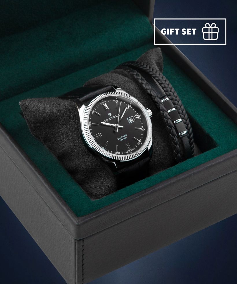 Годинник Чоловічий DESTELL Loup Black Silver Leather Sapphire Gift Set
