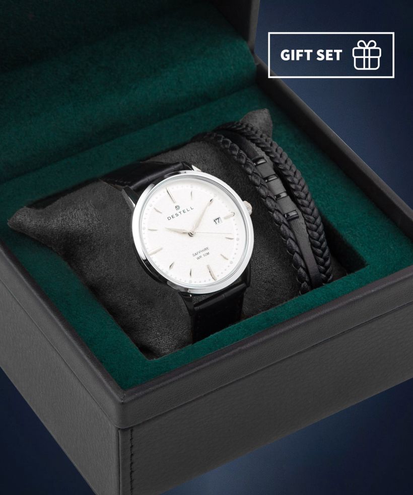 Годинник Чоловічий DESTELL Pictor Silver Black Leather Sapphire Gift Set