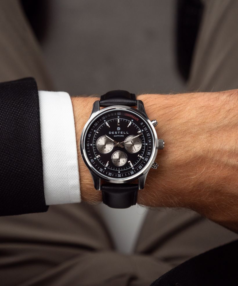 Годинник Чоловічий DESTELL Circinus Black Silver Leather Chronograph Sapphire Gift Set