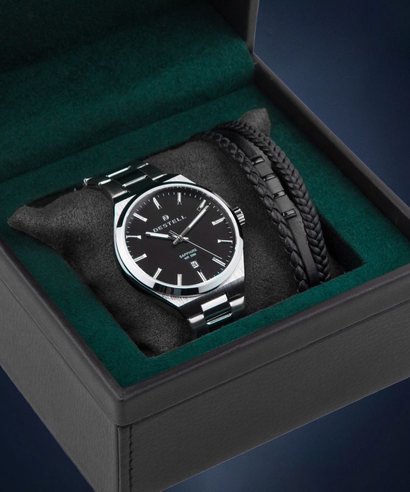 Годинник Чоловічий DESTELL Aries Black Silver Steel Sapphire Gift Set