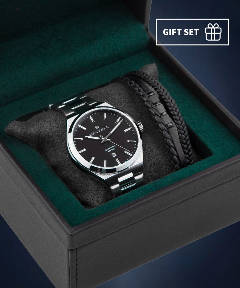 Годинник Чоловічий DESTELL Aries Black Silver Steel Sapphire Gift Set