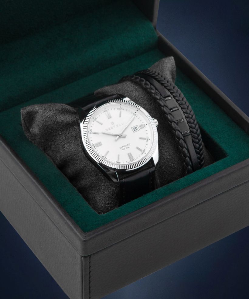 Годинник Чоловічий DESTELL Loup White Silver Black Leather Sapphire Gift Set