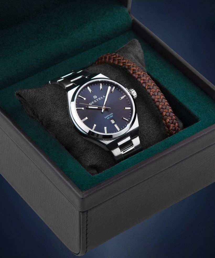 Годинник Чоловічий DESTELL Aries Navy Blue Silver Steel Sapphire Gift Set