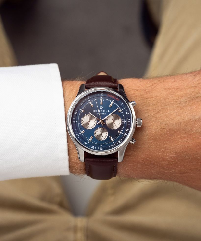Годинник Чоловічий DESTELL Circinus Navy Blue Silver Brown Leather Chronograph Sapphire