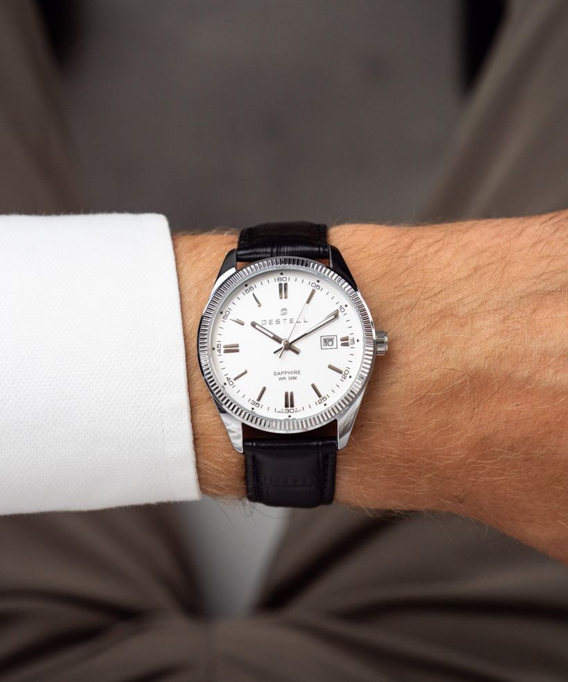 Годинник Чоловічий DESTELL Loup White Silver Black Leather Sapphire