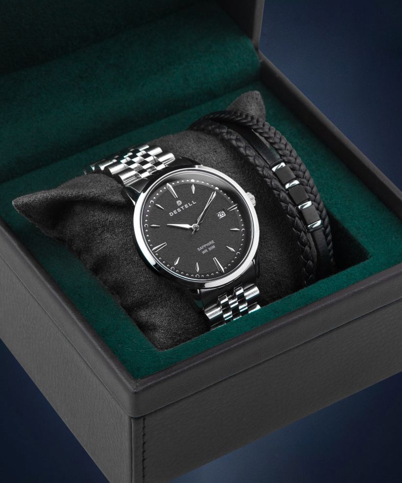 Годинник Чоловічий DESTELL Pictor Black Silver Steel Sapphire Gift Set