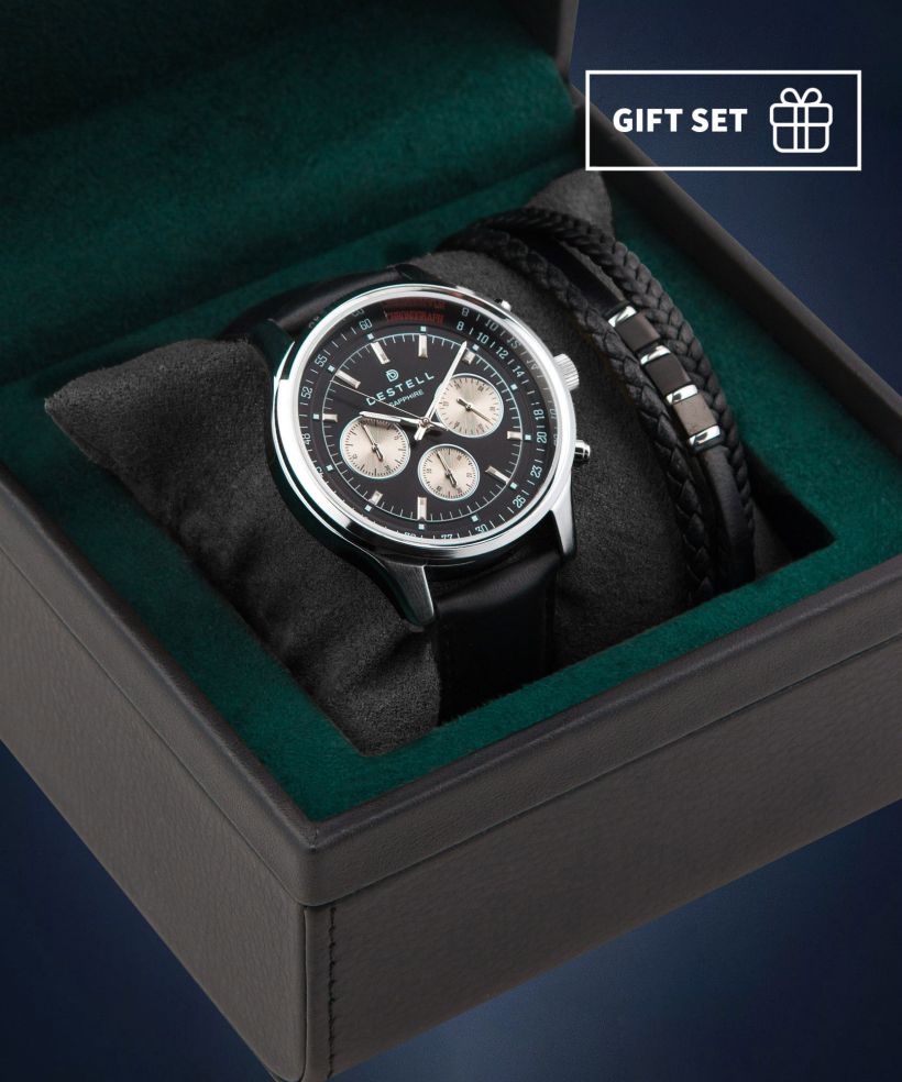 Годинник Чоловічий DESTELL Circinus Black Silver Leather Chronograph Sapphire Gift Set