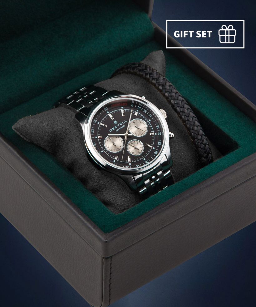 Годинник Чоловічий DESTELL Circinus Black Silver Steel Chrono Sapphire Gift Set