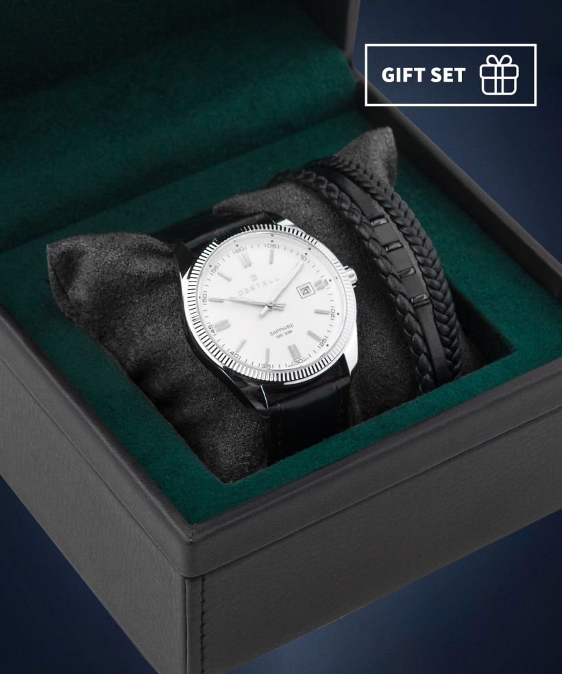 Годинник Чоловічий DESTELL Loup White Silver Black Leather Sapphire Gift Set