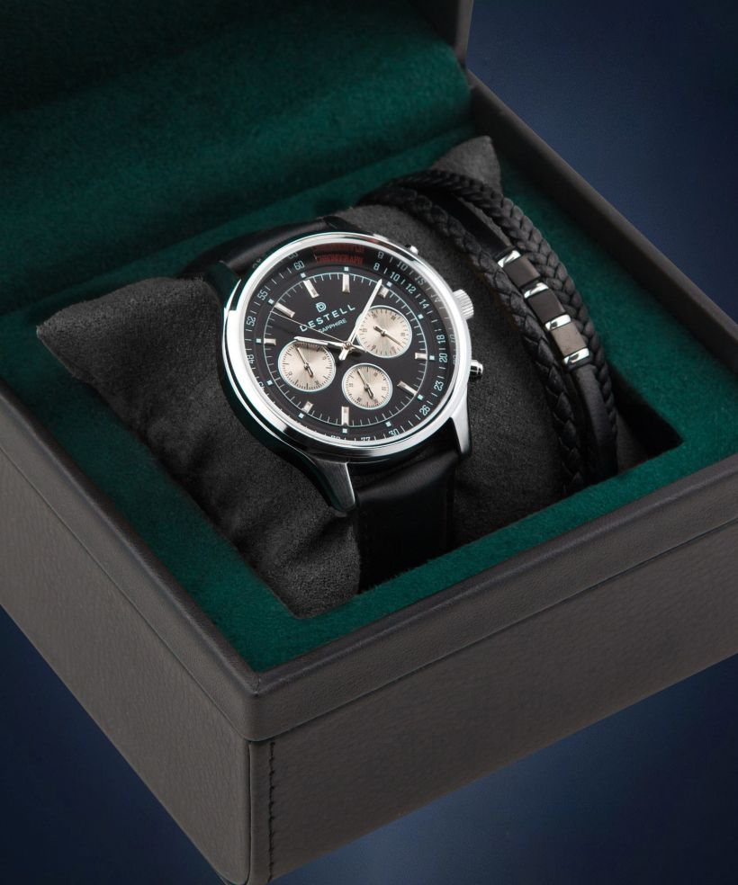 Годинник Чоловічий DESTELL Circinus Black Silver Leather Chronograph Sapphire Gift Set